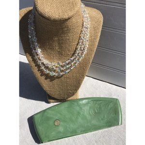 Vtg 50s Delta Triple Strand Crystal Necklace Original Celluloid Green Case USA